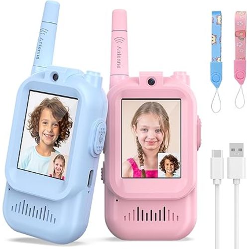 Walkie Talkies for Kids Pack of 2, Rechargeable Long Range Two Way Radios Toys for Boys Girls Age 3-5, Outdoor Adventure Camping Hiking, Birthday with Pink Blue Design