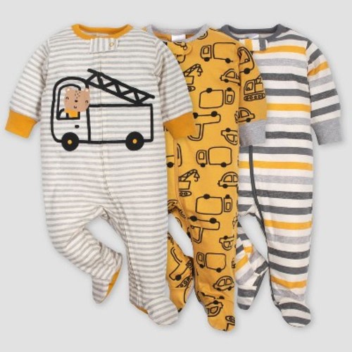 Gerber Baby Boys' 3pk Vehicle Sleep N' Play Pajamas - Gold/Gray, Size: 3-6M