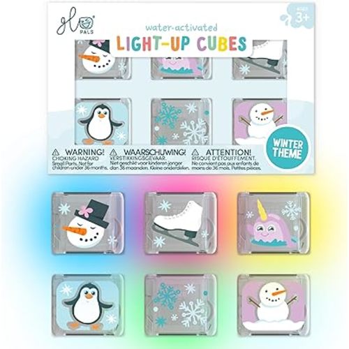 Glo Pals Water-Activated Light-Up Cubes for Bathtime and Sensory Play - Includes 6 Reusable Light-Up Cubes - Sensory Toys and Glowing Bath Cubes for Kids and Toddlers - Winter