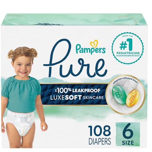 Pampers Pure Baby Diapers, Size 6 (35+ lbs), 108, Up to 100% Leakproof, Premium Hypoallergenic Soft Diapers