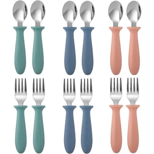Toddler Flatware Sets 12 Piece Dark Kids Forks and Spoons Stainless Steel Utensils with Easy Grip Handles for Self Feeding Baby Children Boys Girls