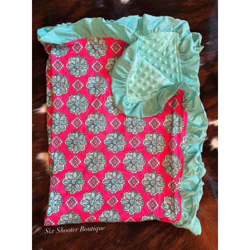 Pink and turquoise Concho ruffle Minky baby blanket