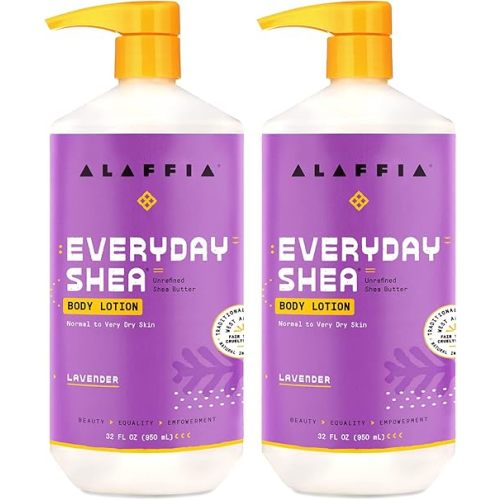 Alaffia Everyday Shea Body Lotion - Normal to Very Dry Skin, Moisturizing Support for Hydrated, Soft, and Supple Skin with Shea Butter and Lemongrass, Fair Trade, Lavender, 2 Pack - 32 Fl Oz Ea