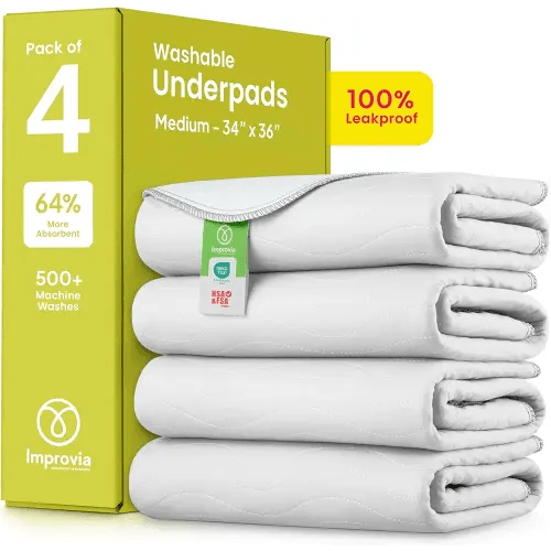 IMPROVIA® Washable Underpads, Heavy Absorbency Reusable Incontinence Pads for Kids, Adults, Elderly, and Pets - Waterproof Protection Floor White & White, (4 Pack - 34x36)