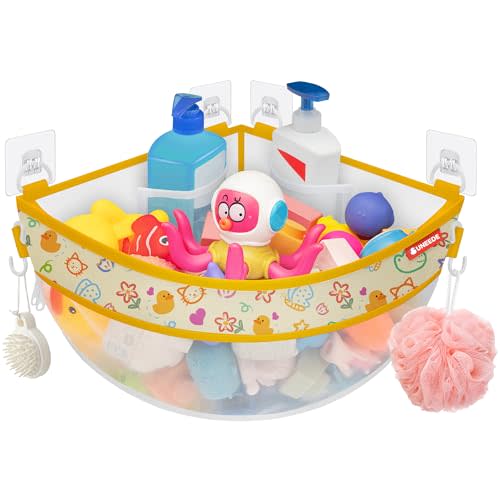 UNEEDE 4.32 Gallons Duck Print Corner Mounted Bath Toy Storage Holder | Yellow Mesh Shower Caddy for Bathtub Organizer, Quick Dry Holder