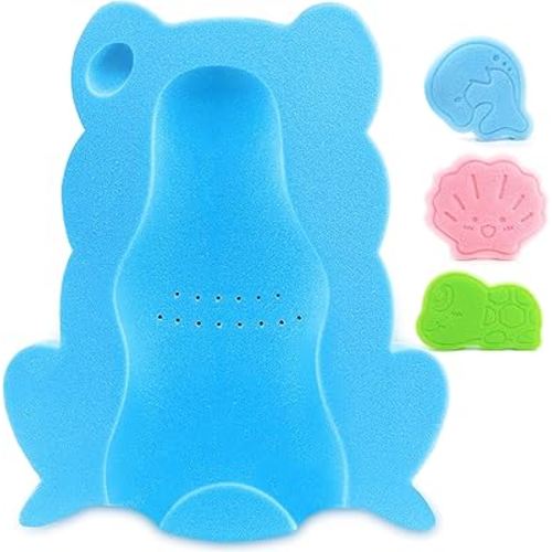 Baby Bath Sponge, Infant Comfy Soft Bath Sponges Mat, Natural Cute Shapes Skid-Proof Bathing Cushion for Toddler & Newborn, 4pcs Shape Style: Blue Dolphin, Pink Shell, Green Turtle and Big Blue Frog
