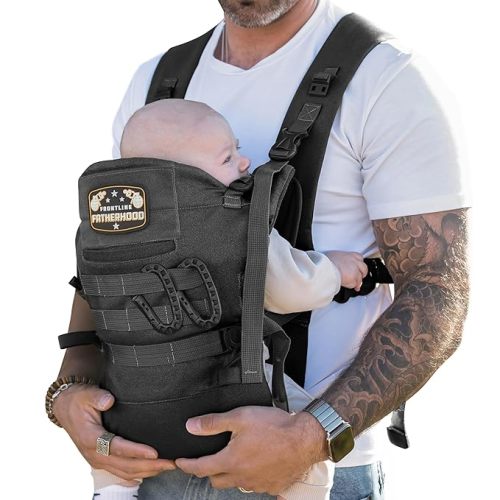 Dad Baby Carrier for Men with Adjustable Hip Snaps - Soft Infant Carrier with Magnetic Sunshade Protector, Newborn Bibs, 2 Carabiners, Removable Waist Strap | Holds Babies and Infants Up to 44 Lbs Tan