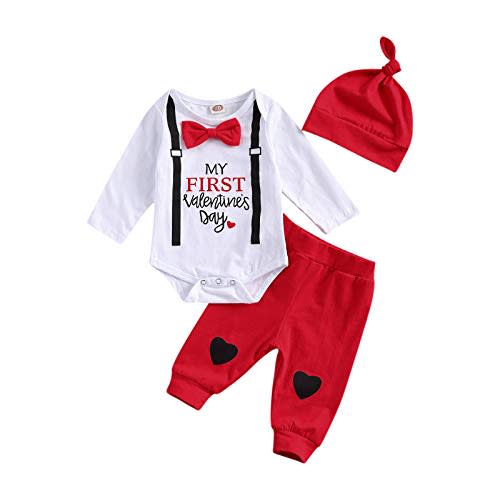 My First Valentines Baby Boy Outfit Newborn Long Sleeve Romper Onesie Heart Print Pants Hat Toddler Infant Clothes