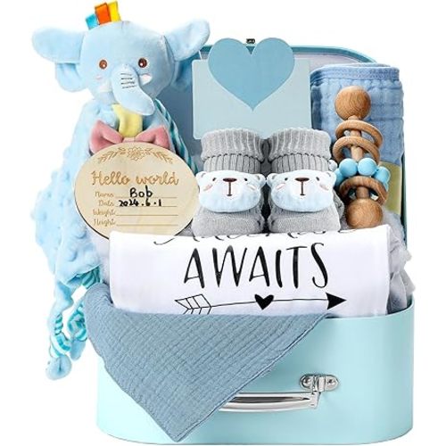 Baby Gift Set Baby Shower Gifts Basket for Newborns New Born Baby Boy Gift Set Blue Baby Gift Basket with Baby Rattle Muslin Towel Security Blanket Gender Reveal Gifts for Baby Girls Boys
