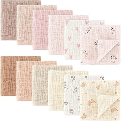 Bearmoss Muslin Baby Washcloths 100% Cotton Baby Bath Wash Cloth Ultra-Absorbent Burp Cloth Soft Baby Face Towel for Newborn Baby Boy and Girl, 10x10inch 12Pack (Pink & Brown)
