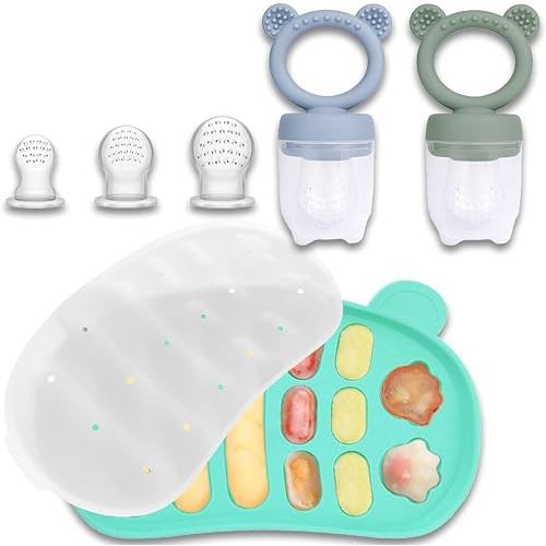 JEXFUN Silicone Baby Fruit Food Feeder Pacifier & Freezer Tray Set, Breastmilk Popsicle Mold for Teething, Silicone Baby Food Storage Containers for Baby Teething & Infant Self Feeding, BPA Free, B