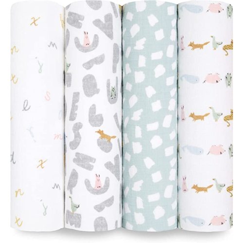 aden + anais Essentials Swaddle Blanket, Boutique Muslin Blankets for Girls & Boys, Baby Receiving Swaddles, Ideal Newborn & Infant Swaddling Set, Perfect Shower Gifts, 4 Pack, Alphabet Animals