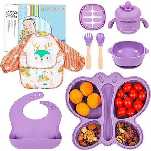 Silicone Baby Feeding Set, Baby Led Weaning Supplies, Silicone Suction Butterfly Plate, Bowl, Spoons, Fork and Waterproof Bib & Cloth Bib, Eating Utensils Baby Feeding Essentials (Purple)