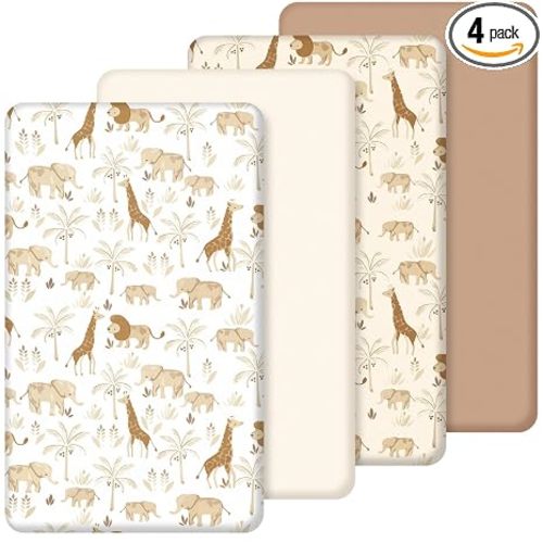 SmoothNovelty 4 Pack Safari Jungle Crib Fitted Sheet for Boys Girls,Beige