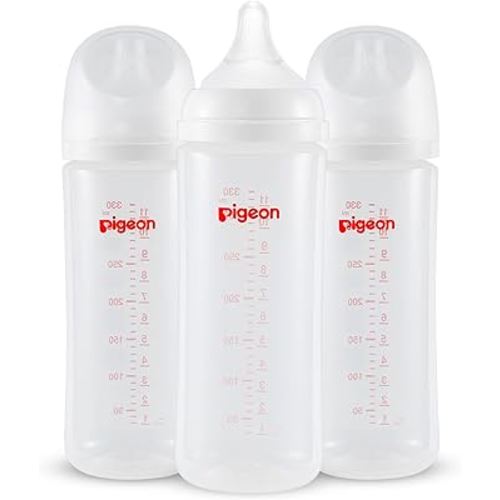 Pigeon PP Nursing Bottle Wide Neck, Anti-Colic, Streamlined Body, Natural Feel, Easy to Clean, 11.2 Oz (Pack of 3), Includes 3pcs L Nipples (6m+)