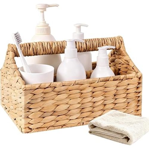 Portable Shower Caddy with Handle Rattan Woven Cleaning Caddy Organizer Water Hyacinth Wicker Shower Basket for Bathroom Kitchen Bedroom Storage, Dorm Room Essentials