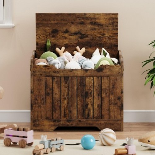 Light Oak Toy Storage Chest With Safety Hinge, 30 Inch Entryway Bench For Living Room Bedroom, 350 Lb Capacity Wooden Trunk