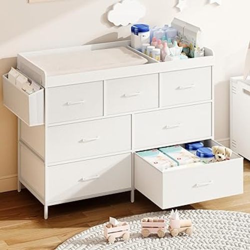 St.Mandyu Baby Changing Table, Multi-Functional Baby Dresser with Changing Table Top, Waterproof Baby Changing Station with 7 Fabric Storage Drawers, Modern Nursery Dresser for Bedroom (White)