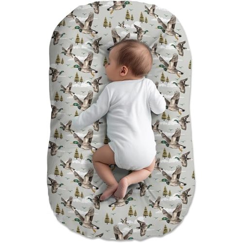 Brown Baby Lounger Cover for Boys Girls, Newborn Infant Nap Lounger Covers Shower Gift, Soft Stretchy Snuggle Fit Slipcover, Mallard Duck Hunting Theme Cover Only