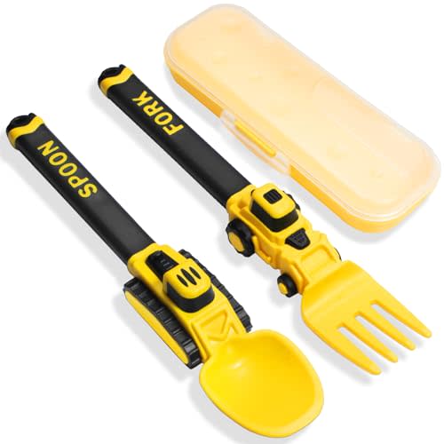 Construction Toddler Utensils - Reusable Plastic Toddler Fork and Spoon & Storage Case - Suitable for Kids Utensils - Easter Gifts and Birthday Gifts for 1 2 3 4 5 6 7 year old, Yellow