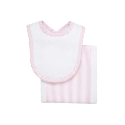 Seersucker Stripe Drooler Bib & Burp Set, Pink