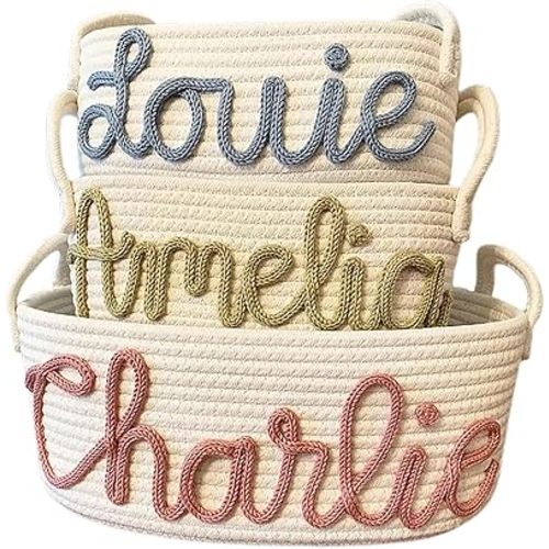Custom Name Basket Personalized Cotton Rope Diaper Caddy Infant Stuff Organizer Nursery Storage Bin Baby Shower Birthday Gift (Style A)