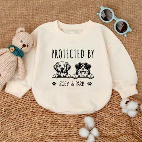 Custom Dog Baby Romper, Baby Pet Outfit, Custom Pet Portrait Drawing, Protected By Dog, Funny Shirt for Kids, Newborn Gift Keepsake