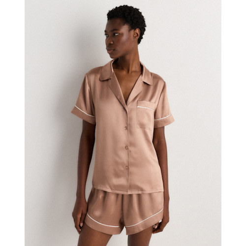 100% Washable Silk Satin Short Sleeve Pajama Top in Toasted Almond