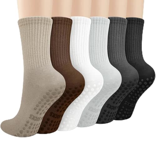 Justay 6 Pairs Pilates Socks with Grips for Women Soft Non Slip Crew Cotton Athletic Workout Barre Hospital Yoga Socks