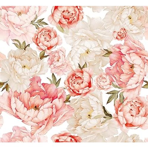 Blooming Wall PS040 Peel&Stick Removable White Pink Fresh Peony Self-Adhesive Prepasted Wallpaper Wall Mural