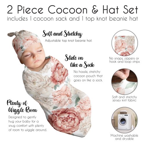 Sweet Jojo Designs Blush Pink Boho Shabby Chic Floral Girl Baby Cocoon and Beanie Hat Sleep Sack 2pc - Ivory Bohemian Watercolor