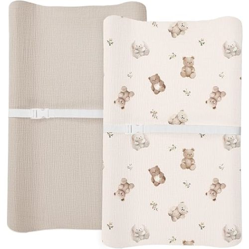 Changing Pad Cover for Baby Boy Girl 2 Pack, Muslin Changing Table Pad Covers with Boho Style, Neutral Nursery Bedding Essentials Soft and Breathable (Teddy & Friends)
