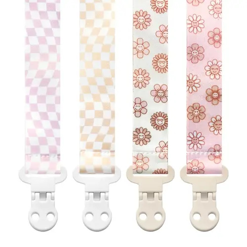Baby Pacifier Clip Holder - Girl 4 Pack Gift Set – Retro Checker Smiley Flowers Floral Pink Beige Yellow