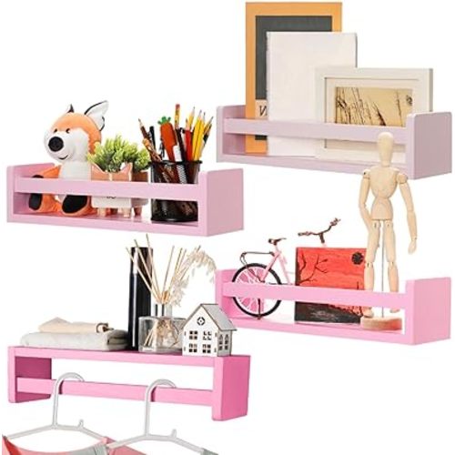 Set of 4 Nursery Book Shelves Floating Bookshelves Nursery Shelves for Wall Book Shelf Organizer Bathroom Storage Rack for Wall Decor(16 in,Gradient Pink)