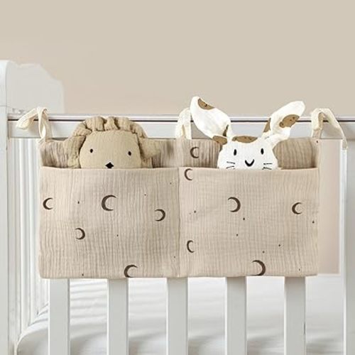 Baby Bedside Hanging Storage Organizer - Multifunctional Cotton Storage Bag for Diapers, Drool Bibs, Baby Essentials | Soft Cotton Nursery Organizer with Pockets (D)