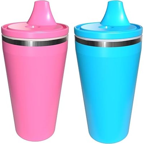 Re-Play 10 oz Insulated Stainless Steel Sippy Cup (2 Pack) - No-Spill Hard Spout Toddler Cup, Keeps Drinks Cold, Dishwasher Safe & Durable - Made in USA, Pink/Sky