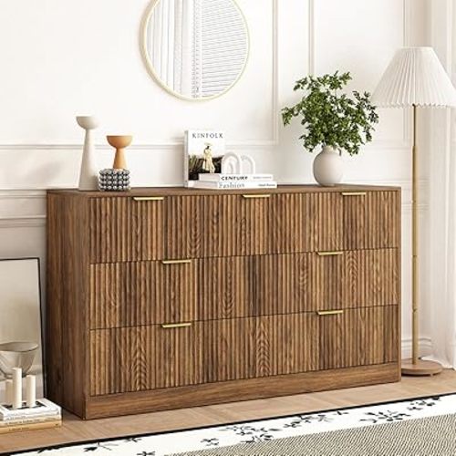 Walnut 7 Drawer Dresser for Bedroom, 55’’ Wide Wood Chest of Drawers, Modern Fluted Bedroom Dressers Large Dresser with Deep Drawers, Mid Century Dresser TV Stand for Living Room, Hallway