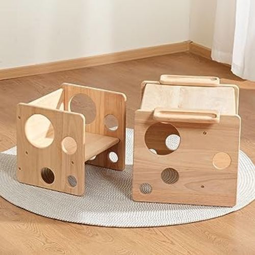 Woodtoe Montessori Weaning Table and Chair Set, Adjustable Toddler Table and Chair, Solid Wood Activity Table, Ideal for Learning, Mealtime and Play, Montessori Furniture for Baby Kids Boys Girls 1-3