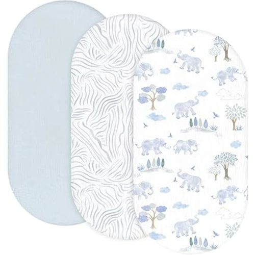 Gllquen Baby Muslin Bassinet Sheets 3 Pack, Breathable Elastic Cozy Fitted Cotton Bassinet Mattress Sheet for Baby Boy Girls, Fit for Hourglass Oval Rectangular Cradle Pad Sheets 33"x17" (Light Blue)