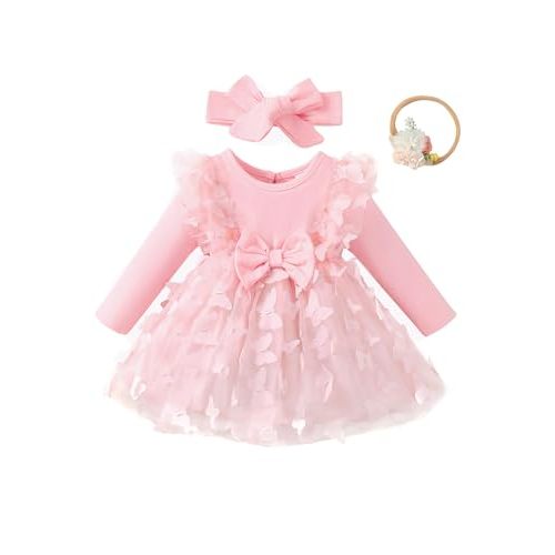 Renotemy Baby Girl Flower Dress Fall Winter, Tutu Tulle Princess Wedding Birthday Party Dresses for Newborn Girls 0-18 Months