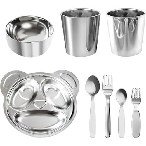 8-Piece Childproof Safety Cutlery Set - Premium 304 Stainless Steel, BPA-Free, Dishwasher-Safe, Elegant Design for Toddlers and Children,Includes Divided Plate, Utensils, Cup, and Bowl