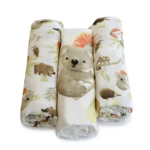 Bubba Blue Muslin Wrap Aussie Animals Oatmeal Size 3 Pack | Baby Bunting AU