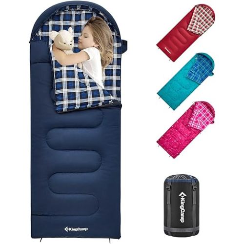 KingCamp 45°F Kids Sleeping Bag, Lightweight Waterproof & Compact Flannel Sleeping Bags Cold Weather & Warm Youth Essentials Gear Accessories for Camping, Fits 10-12 Children up to 4'7"-5'5" Tall