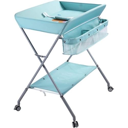 Baby Changing Table Portable Folding Diaper Changing Station with Wheels, Adjustable Height Mobile Nursery Organizer with Safety Belt and Large Storage Racks for Newborn Baby and Infant, Green