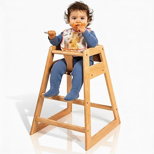 LA Baby Wooden High Chair - Restaurant Style Solid Wood Highchair for Babies and Toddlers - ASTM F404 Safety Certified - Stackable Design - Natural