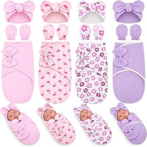 Ramede 4 Sets Preemie Swaddle Blanket with Hats Mittens, Sweet Style