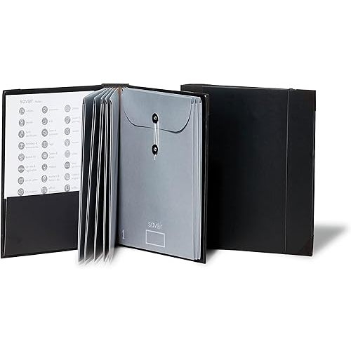 The Folio® Important Document Organizer by Savor | Binder with Guided Labels, Acid-Free File Folder Organizer with 10 Pockets, Document Holder for Home Records, Legal and Medical Papers (Black)