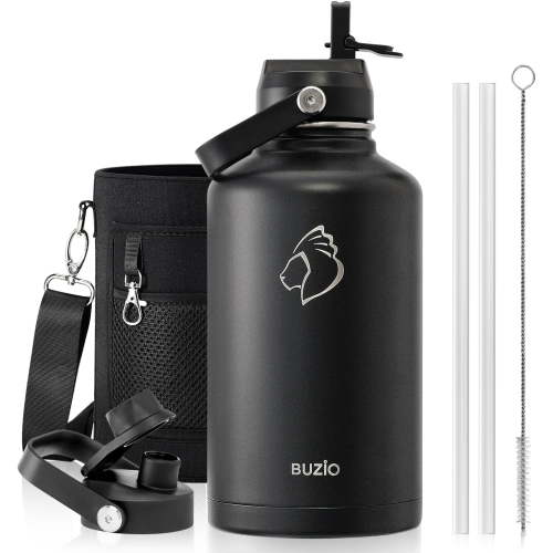 BUZIO 64 oz Insulated Water Bottle with 2 Lids(Straw Lid and Spout Lid),Stainless Steel Water Jug Flask Double Wall Vacuum Sports Thermo Mug,Magic Black