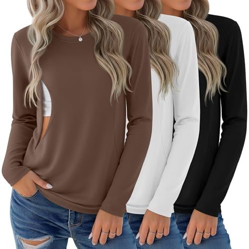 3 Pack Nursing Tops for Breastfeeding Maternity Shirts Zipper Long Sleeve Round Neck Knit Casual Nursing Clothes
