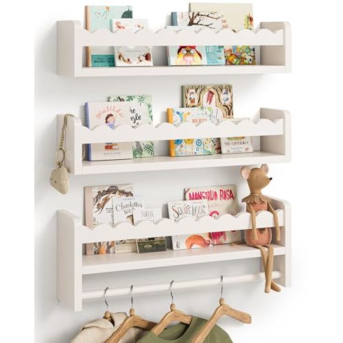 Nursery Book Shelves, Scalloped Shelves, Floating Book Shelves for Wall, Nursery Deocr for Baby, Toddler (White, 16.5 Inches)